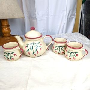 Vintage Laurentienne TH-02 Ceramic Teapot And 3 Mugs Floral Cream Pink Canada